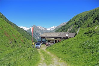 Lasnitzenalm with view of Grossvenediger, Praegraten, Tyrol, Austria, Europe