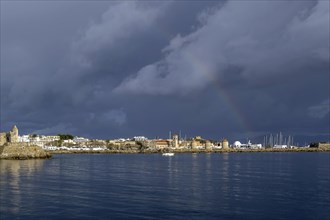 Departure from Kolona harbour, Rainbow, Rhodes, Dodecanese archipelago, Greek islands, Greece,