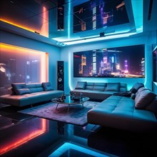 Futuristic living room interior design with high-tech and luxury furniture, AI generated