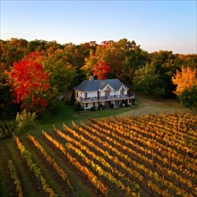 Aerial view of a rustic vineyard cottage nestled in a canopy of vines leaves showcasing autumns