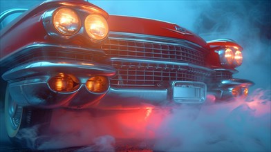 A classic car illuminated with red lights amidst a foggy atmosphere at night, AI generated