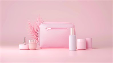A pink purse with makeup and other cosmetic beauty items on a table, AI generated