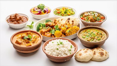 A colorful array of Indian cuisine including rice and naan alongside various dishes, AI generated