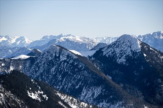 Pre-Alps in winter with snow, Mangfall mountains, Bavarian Pre-Alps, Bavaria, Tyrol, Germany,