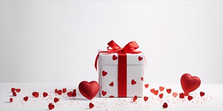 Gift box with red hearts on white background. AI generated