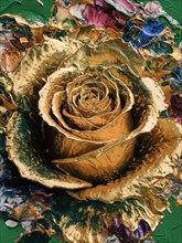 A golden textured rose surrounded by vibrant colors on a green background, ai generated, AI