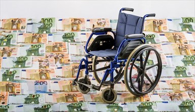 Symbolic long-term care insurance, care costs, disability, a wheelchair stands on a surface of euro