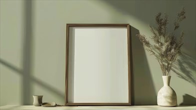 Empty frame, pottery, and vase with dry plant on a light surface against a green wall, AI generated