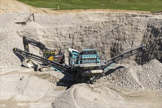 Gravel pit near Fuessen, gravel extraction, construction machinery, Allgaeu, Ostallgaeu, Bavaria,