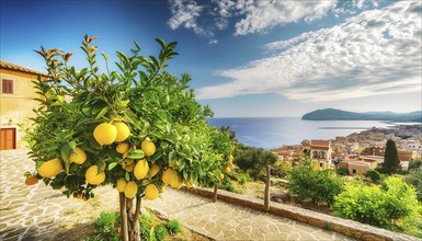 Lemon tree with ripe fruit in a Mediterranean landscape AI generated, AI generated