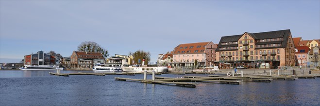 City panorama with city harbour at Lake Mueritz, Waren, Mueritz, Mecklenburg Lake District,