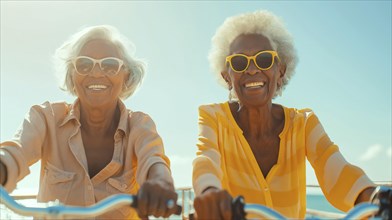 Two happy african american women riding bikes on the ocean boardwalk. generative AI, AI generated