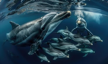 An underwater view of dolphins interacting with a curious humpback whale AI generated