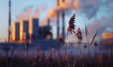 Closeup view on dry grass with smoke from a factory chimney on background AI generated