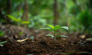 Tree planting initiative, close up view on tree sapling AI generated