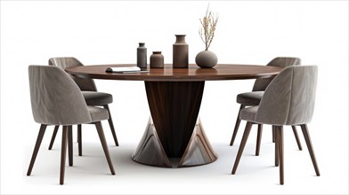 A contemporary wooden dining table set with a geometrically designed base and decorative vase, AI