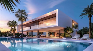 Exterior of private house luxury villa. Modern architecture real estate with swimming pool, AI