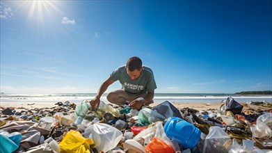 Man cleaning up a polluted beach covered with plastic trash, Illustrating the concept of