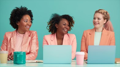 Diverse team of smiling women in professional attire working on laptops in a modern office, pink