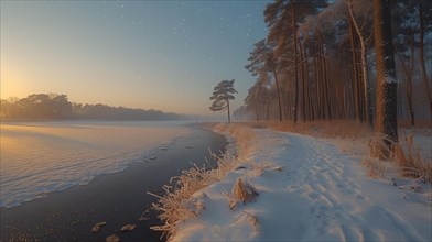 Frost-covered scenery by a lake with forest at sunrise in winter, creating a serene atmosphere, AI