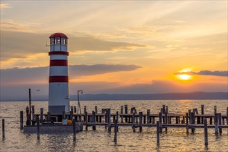 Sunset, lighthouse, jetty, Lake Neusiedl, Austria, Europe