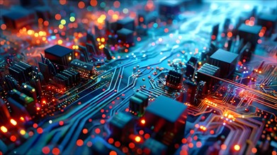 Illustration of abstract data stream cascades over a circuit board transforming into swirling