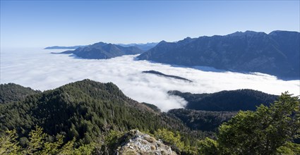 View over mountain landscape and sea of clouds, high fog in the valley, Ammergau Alps, Bavaria,