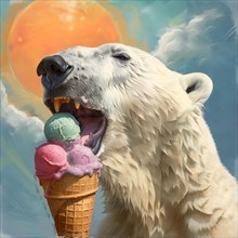 A polar bear bites into an ice cream with the sun in the background, symbolic image on the subject