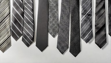 Grey ties with different patterns and textures on a light background. Elegant and formal