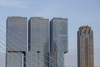 Modern skyscrapers and a bridge under a clear sky, Skyline of a modern city on the river with a