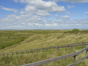 Wide dune landscape with a wooden path, blue sky with clouds, in the background the sea, dune and