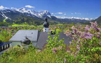Pilgrimage church St. Anton in spring above the village in front of the Zugspitze group 2962m in