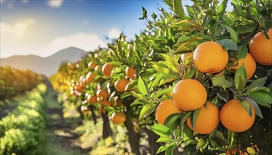Vibrant oranges in a plantation, under bright sunlight and with mountains in the background, AI