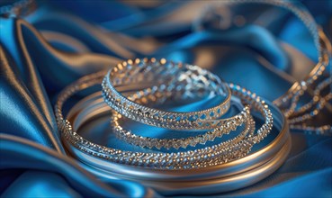 Set of silver bracelets arranged on a satin material background AI generated