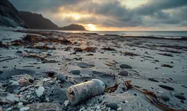 Plastic pollution on a remote beach AI generated