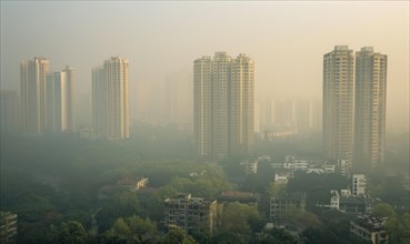 Urban landscape shrouded in smog with tall buildings barely visible AI generated