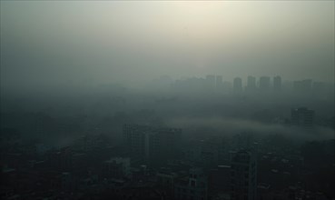 Urban landscape shrouded in smog with tall buildings barely visible AI generated