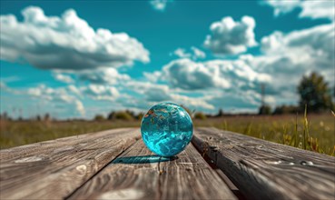 An Earth globe placed on a wooden picnic table with a bright blue sky and fluffy white clouds AI