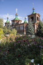 Russian Orthodox Church Cathedral of the Holy Trinity, wooden church with green spires, Karakol,