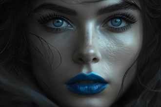Monochromatic close up fashion portrait with blue lips and eyes, AI generated