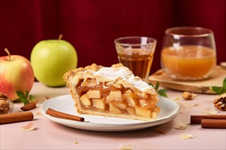 Slice of apple pie with ingredients. KI generiert, generiert, AI generated