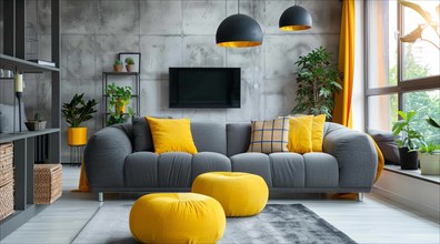 Modern living room in a condo or loft with modern trendy furniture a grey couch and yellow pillows,