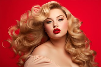 Curvy plus size woman with elegant makeup and long luxurious blond hair, AI generated