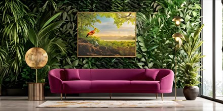 Luxury living room in a modern biophilic concept design with a magenta sofa, AI generated