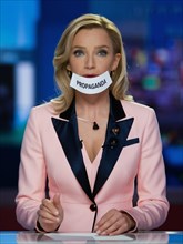 A focused news anchor in a pink suit with 'Propaganda' over her mouth in a studio setting, ai