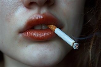 Closeup photo of a smoking teenage girl with a lit cigarette in her mouth symbolizing the risks of