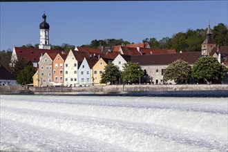 Historic old town centre of Landsberg am Lech, in front of the Lech weir, Upper Bavaria, Bavaria,