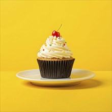 Cupcake with swirls of buttercream frosting in vanilla against yellow background, AI generated