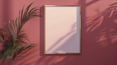 Frame hanging on a red wall with a plant on the left, bathed in sunlight with soft shadows, AI