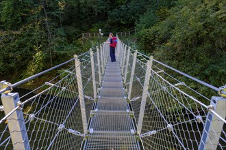 Hikers at the suspension bridge over the Danube, Inzigkofen Princely Park near Sigmaringen, Upper